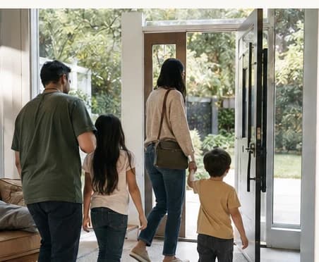 A family walking out their front door together